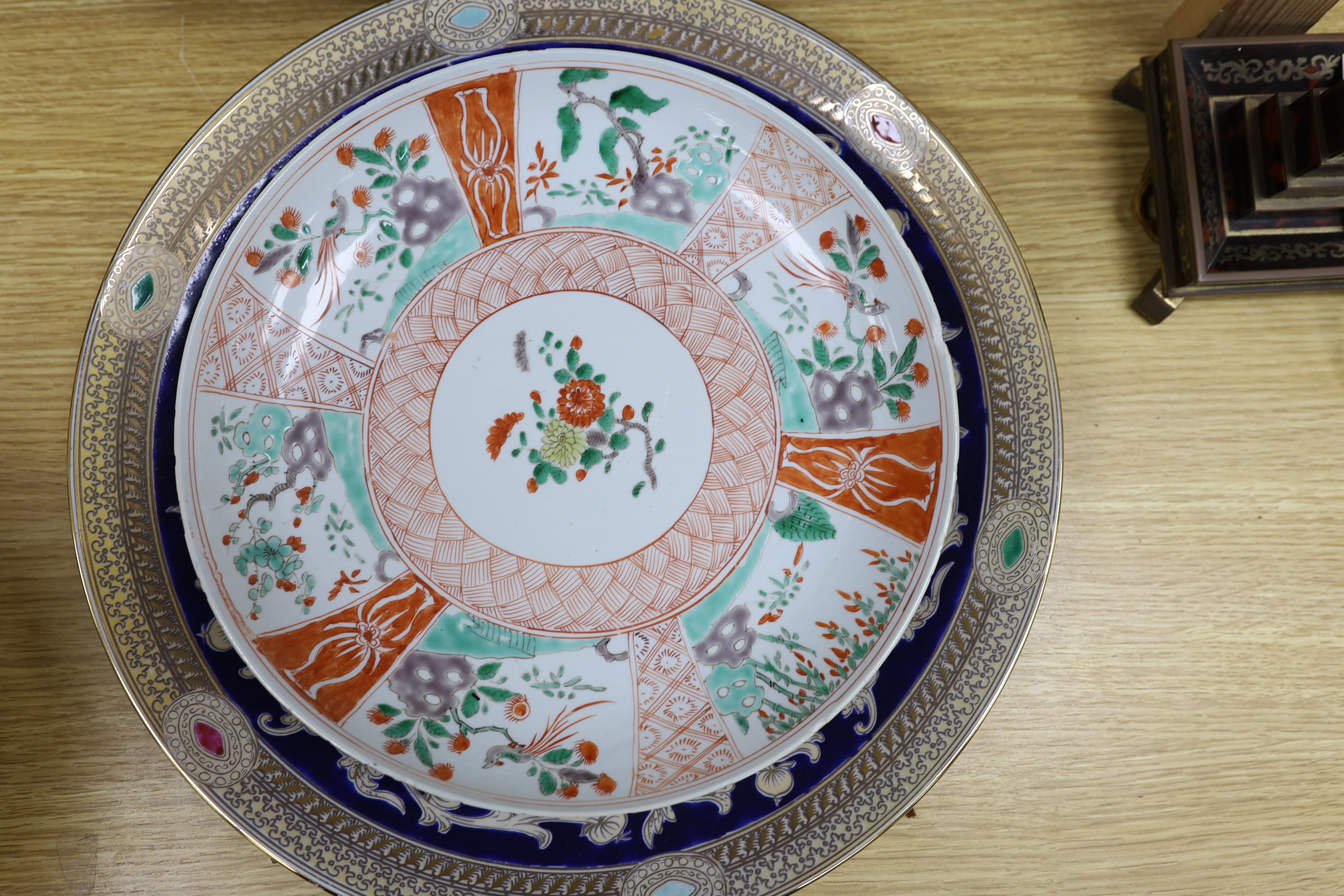 A group of 18th century and later Chinese enamelled and blue and white porcelain dishes and three bowls, Largest dish 35.5 cm diameter